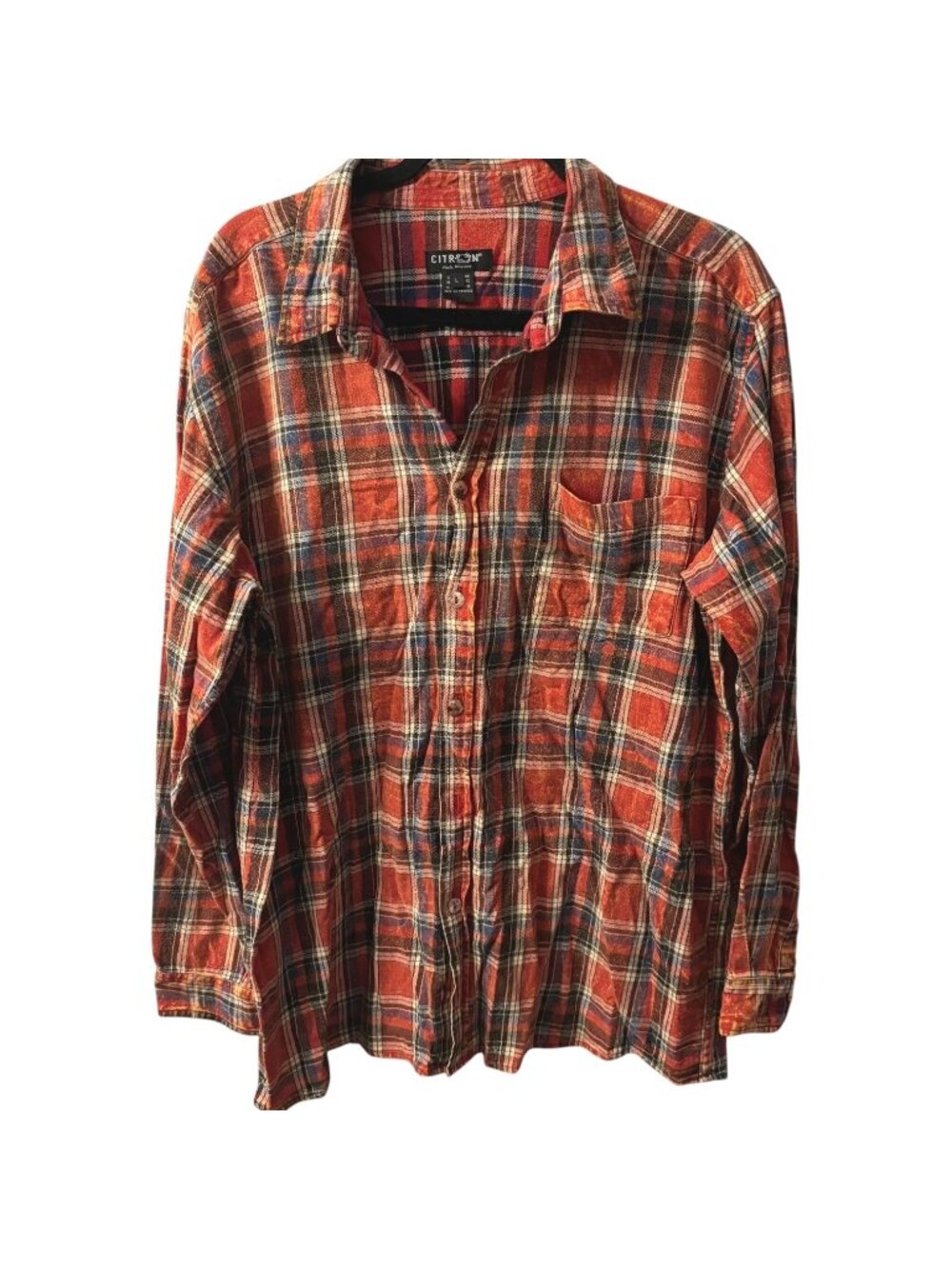 Citron Santa Monica Plaid Flannel Shirt L Brushed Cotton Button Up Red Orange LS